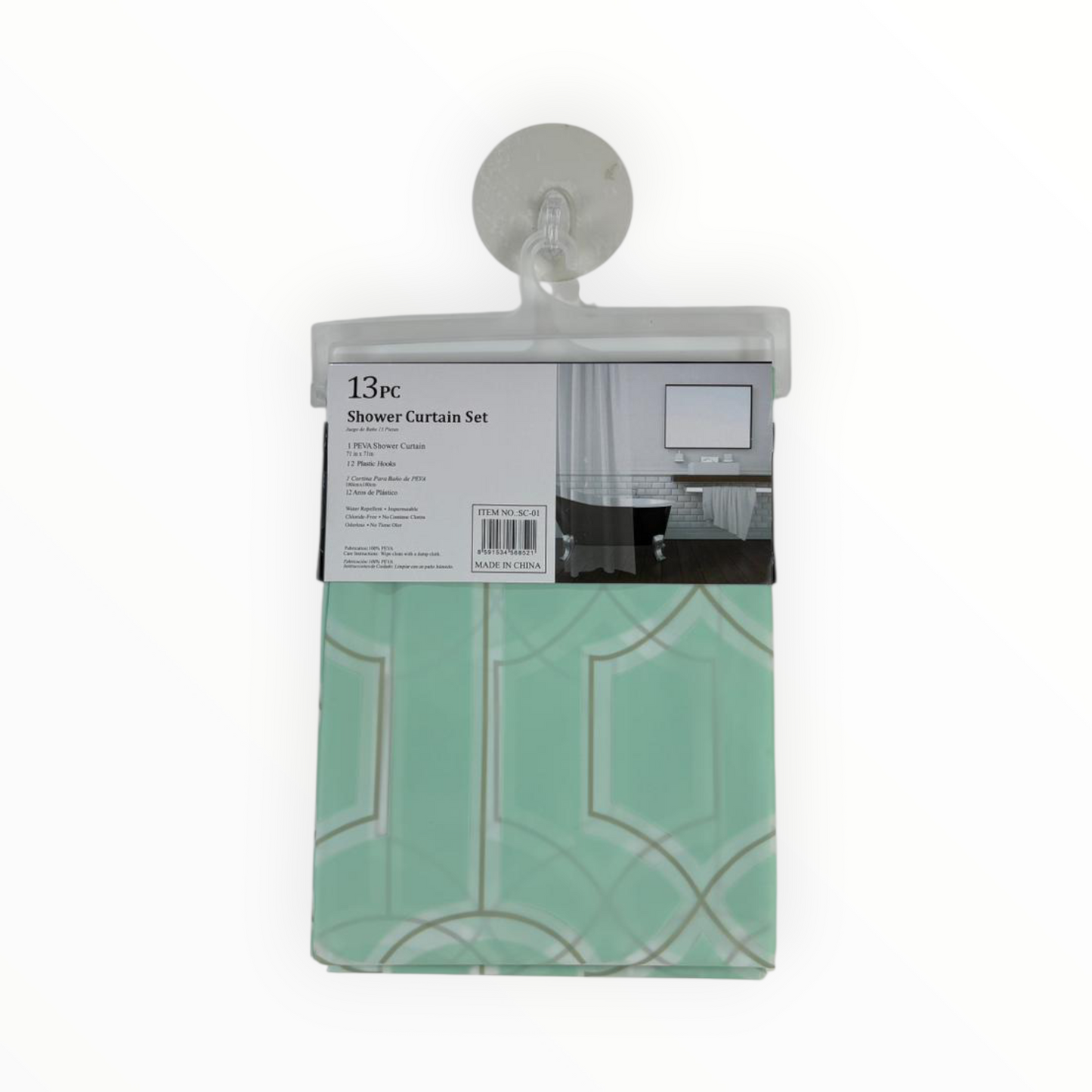 Piece Geometric Shower Curtain Set – Waterproof Curtain with 12 Hooks – Mint Green Pattern