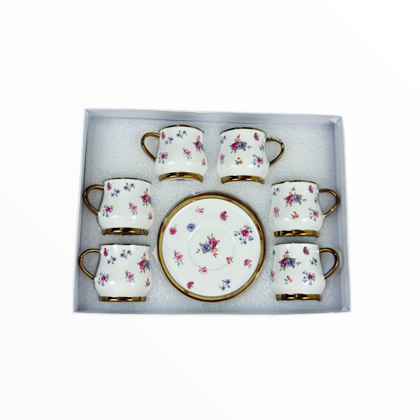 Elegant Floral Coffee Cup & Saucer Set – 12 Porcelain Cups with Gold Handles