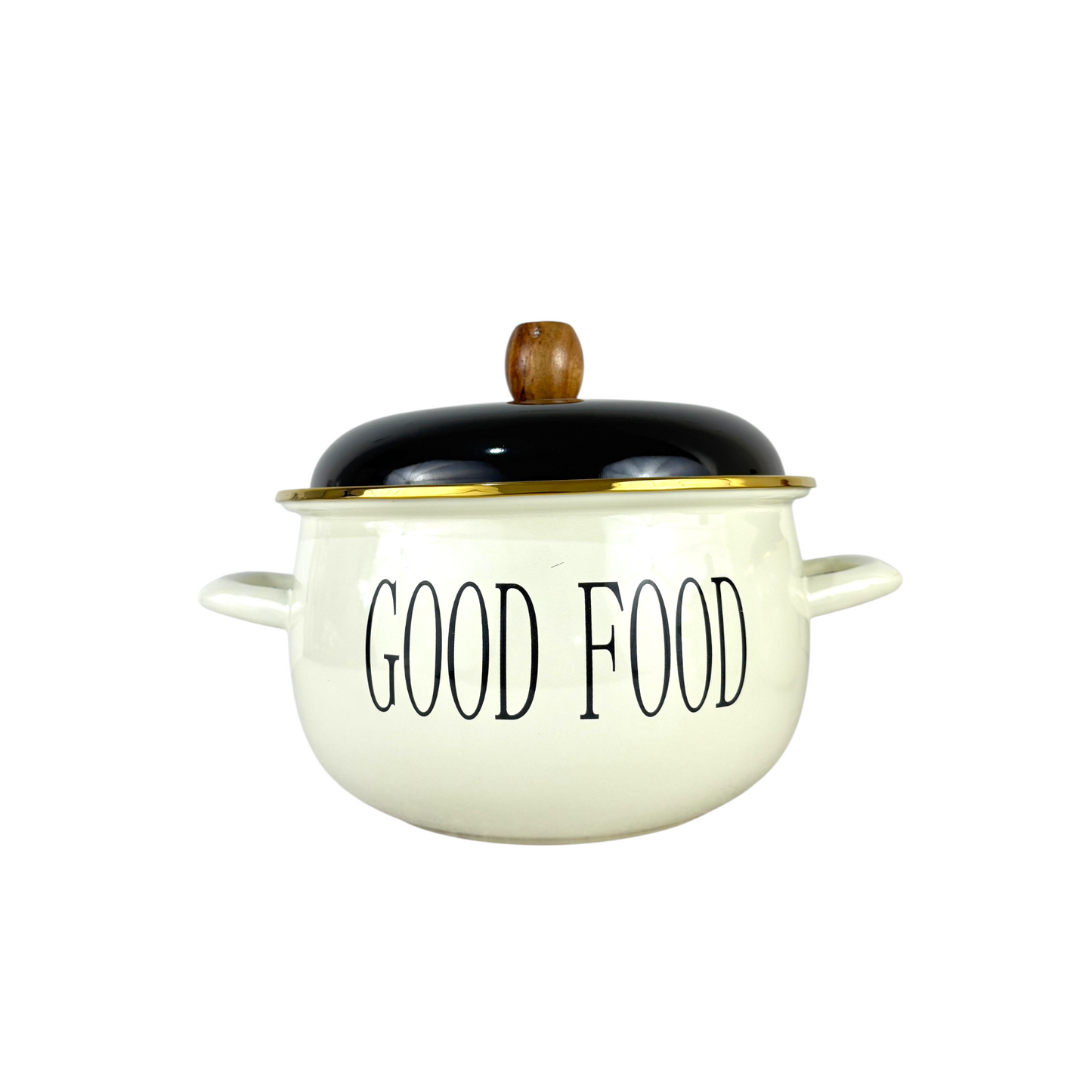 Good food  Enamel Cooking Pot – Cream Soup Pot with Black Lid & Wooden Knob