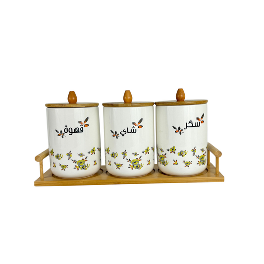 Ceramic Coffee, Tea & Sugar Canister Set with Bamboo Stand