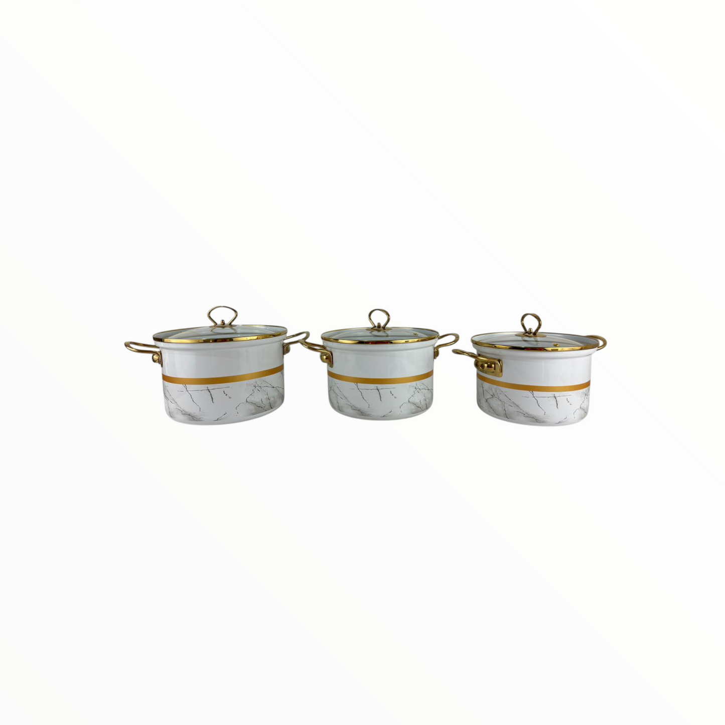 Tutia Luxury Marble-Design Cooking Pot Set with Glass Lids – 3-Piece Non-Stick Cookware Set (Gold Handles)