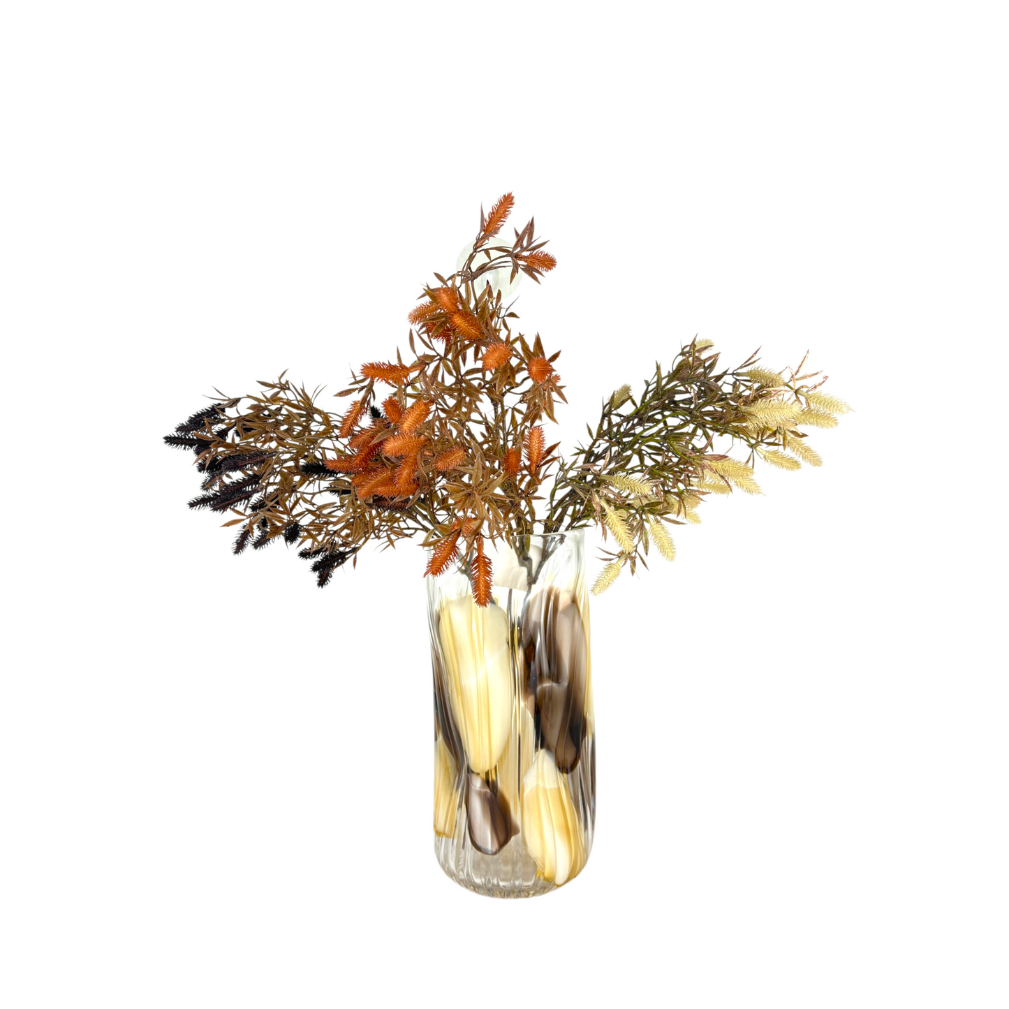 Handblown Glass Vase with Decorative Artificial Floral Arrangement – Modern Home Décor Centerpiece