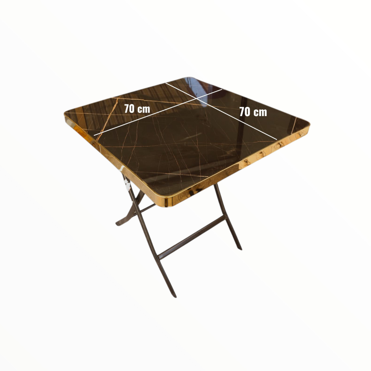 Square Folding Table 70 cm – brown Marble Effect with Gold Edge
