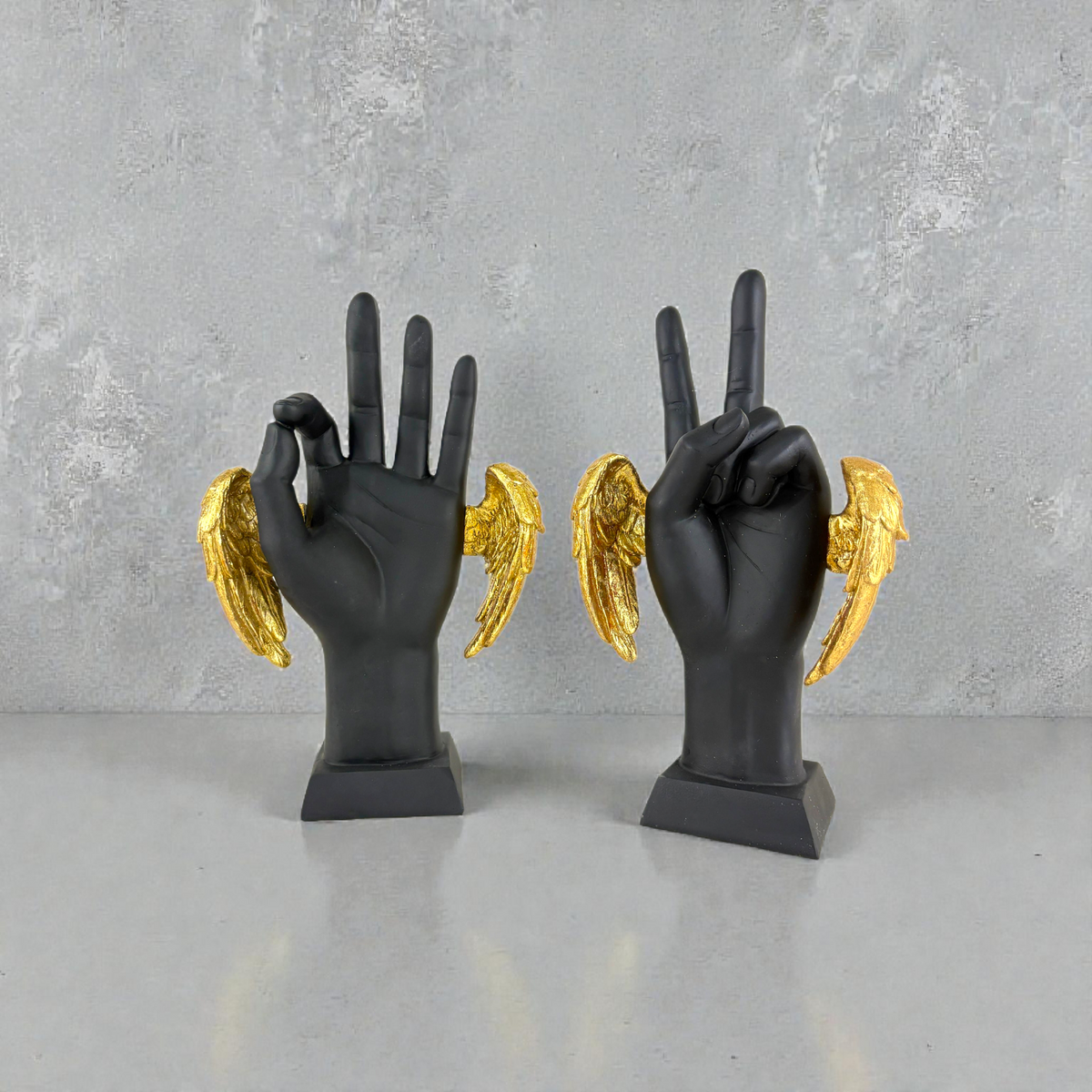 Angel Hand Gesture Sculptures – Black & Gold Decorative Hand Figurine Set with Golden Wings (Set of 2)