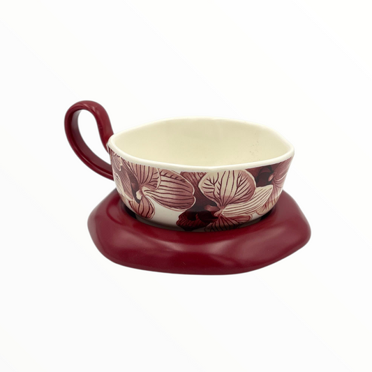 Floral Ceramic Cup and Saucer – Red Coffee Cup Set 270ml