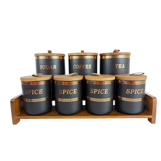 Luxury Ceramic Kitchen Canister Set with Wooden Tray – Sugar, Coffee, Tea & Spice Storage Jars (7-Piece Set)