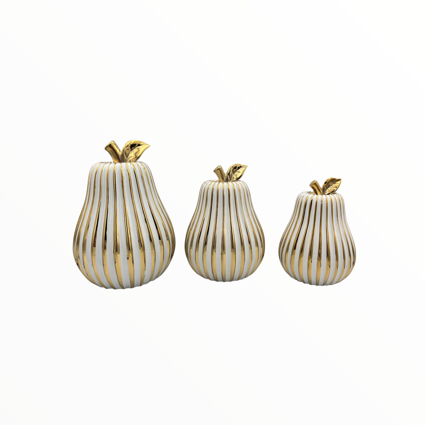 White & Gold Ribbed Pear Decor Set – Luxury Ceramic Decorative Pears (Set of 3)