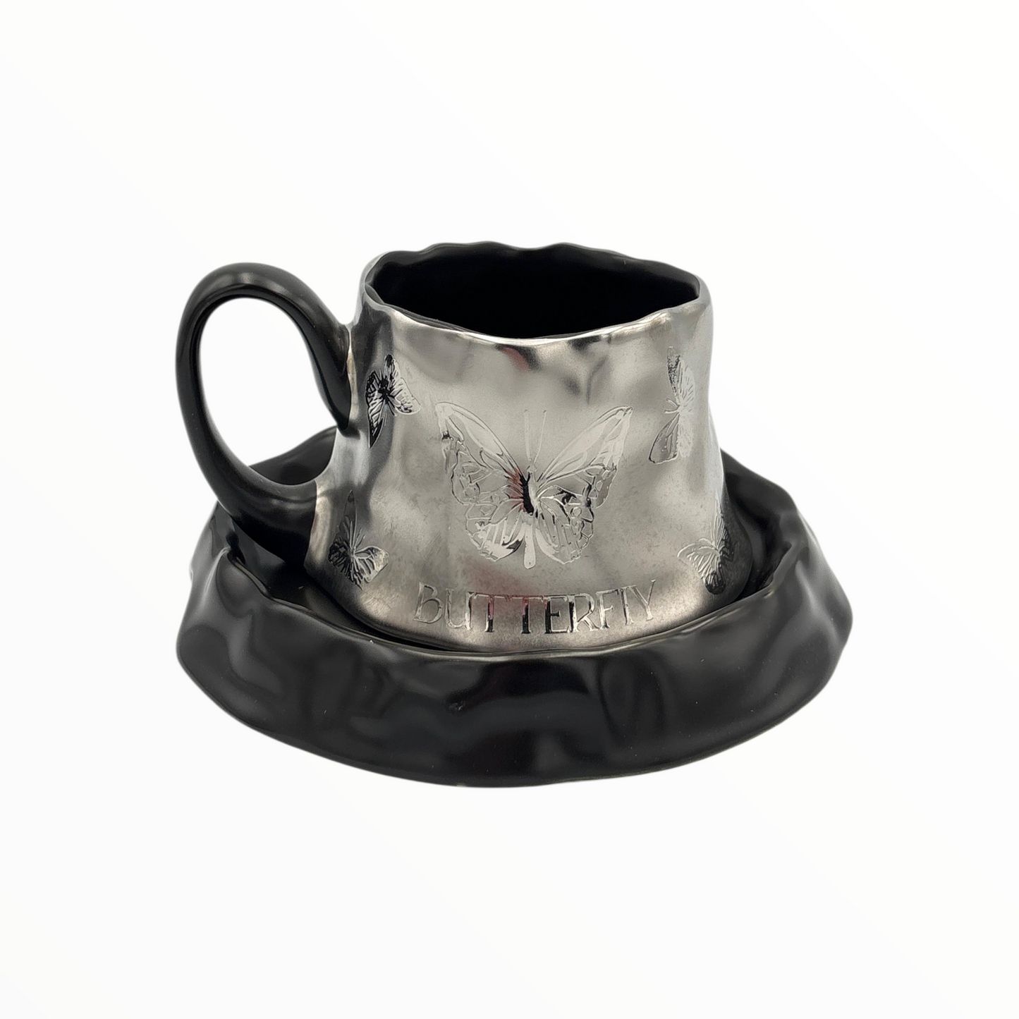 Butterfly Ceramic Cup and Saucer – Elegant Black & Silver Coffee Cup