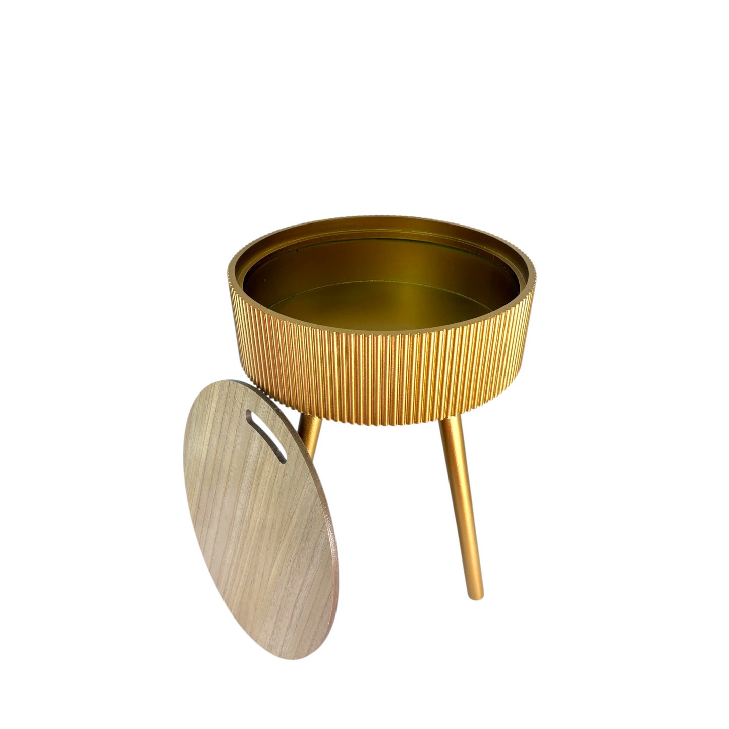 Luxury Gold Metal Storage Bowl with Wooden Lid & Stand – Modern Decorative Organizer