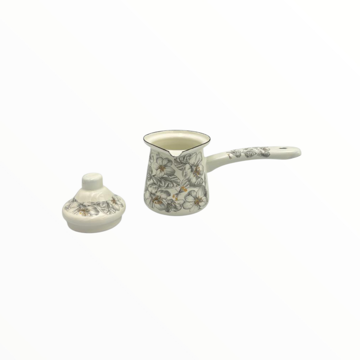 Grey Floral Enamel Turkish Coffee Pot Set – 3 Sizes with Lid