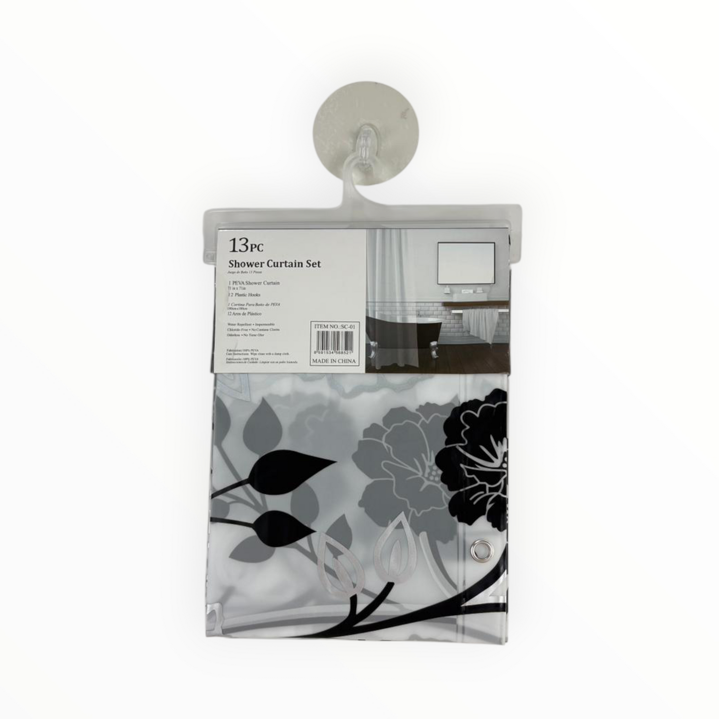 Floral Shower Curtain  – Waterproof Bathroom Curtain with 12 Hooks – Grey & Black Flowers