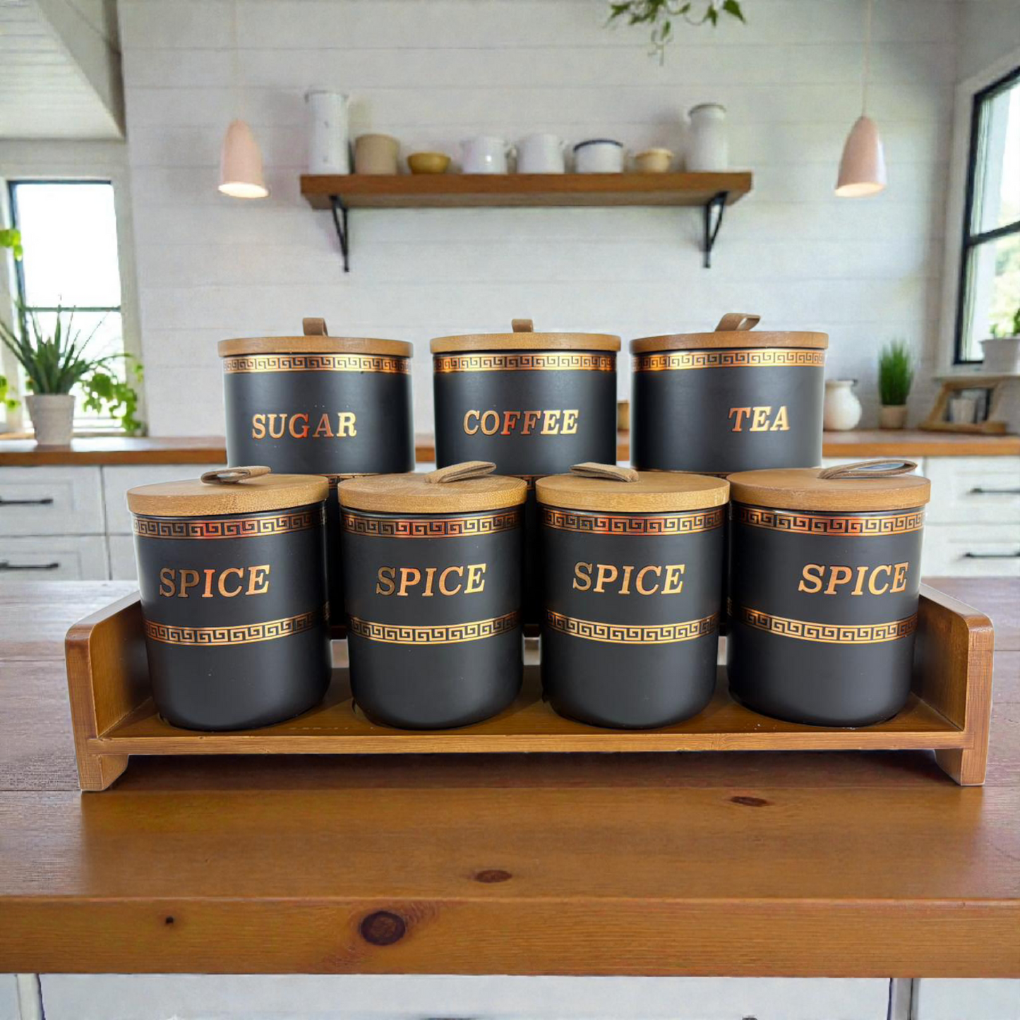 Luxury Ceramic Kitchen Canister Set with Wooden Tray – Sugar, Coffee, Tea & Spice Storage Jars (7-Piece Set)